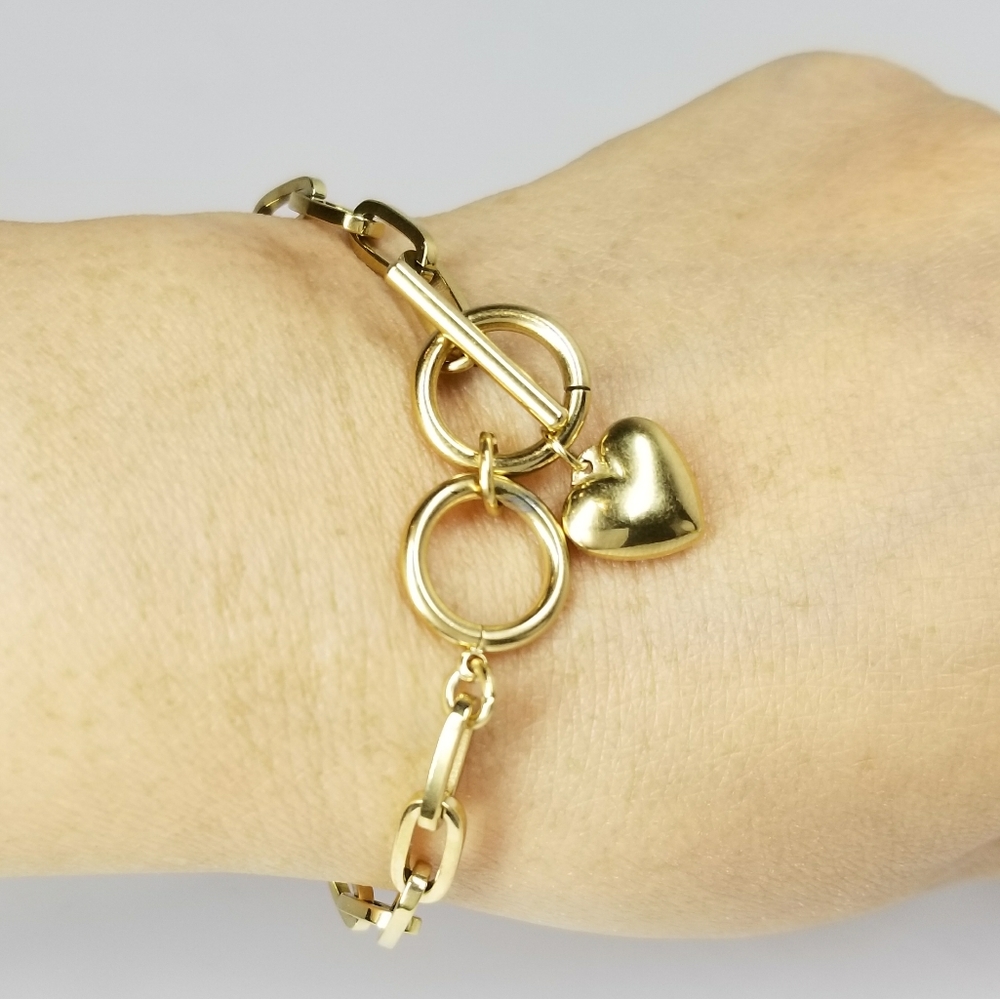 18K Stainless Steel Heart Toggle Bracelet NEW - Picture 5 of 8